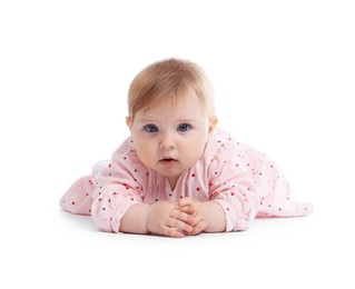 Photo of Cute little baby crawling on white background