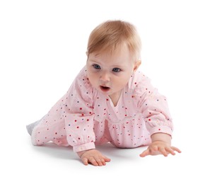 Photo of Cute little baby crawling on white background