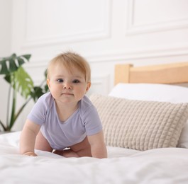 Photo of Cute little baby on bed at home