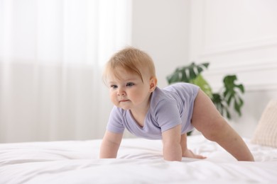 Photo of Cute little baby on bed at home, space for text