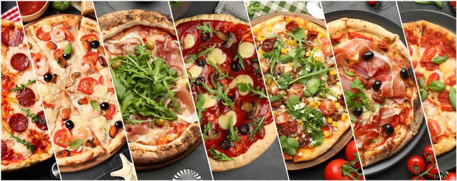 Image of Collage of different delicious pizzas, top view. Banner design
