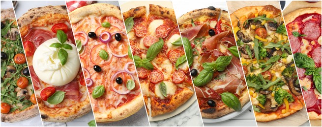 Image of Collage of different delicious pizzas, top view. Banner design