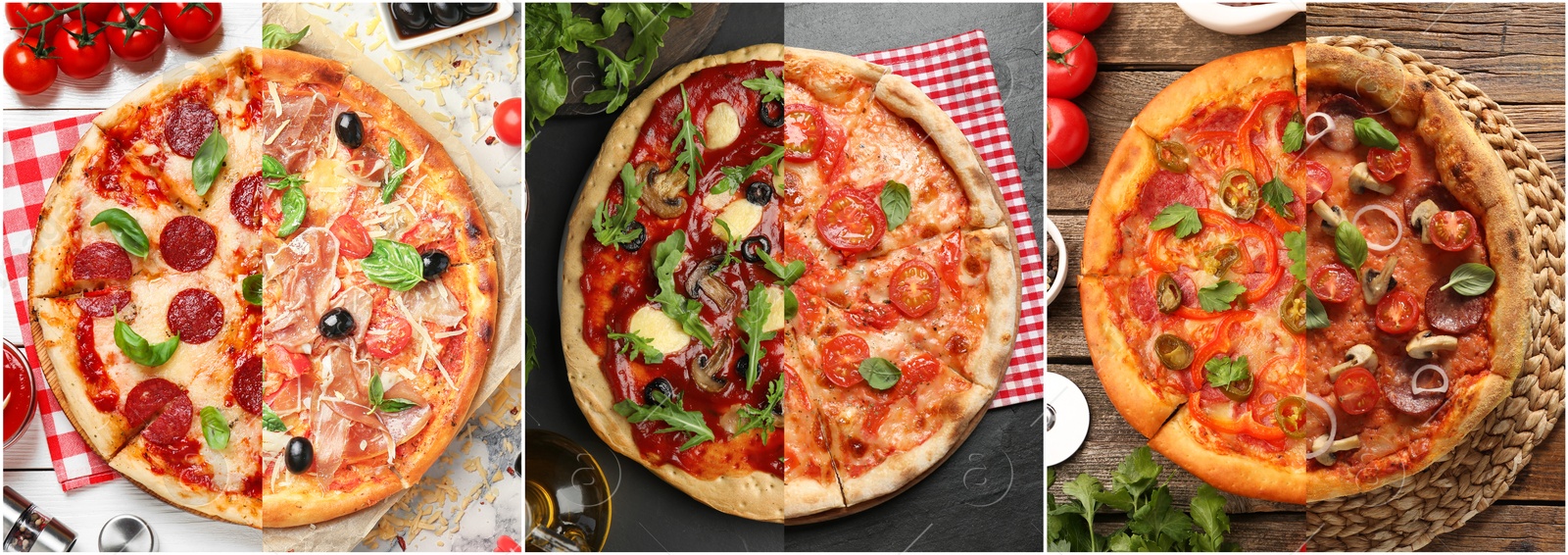 Collage of different delicious pizzas, top view. Banner design Image of Collage of different delicious pizzas, top view. Banner design