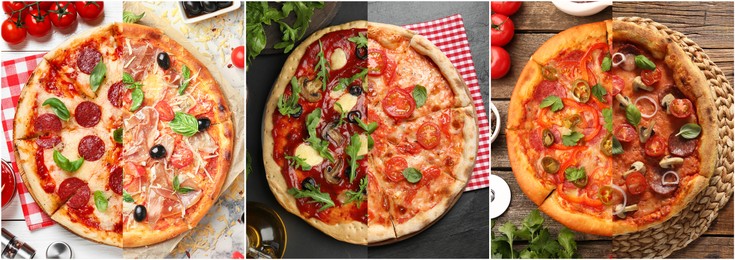 Image of Collage of different delicious pizzas, top view. Banner design