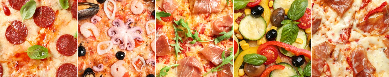 Image of Collage of different delicious pizzas, top view. Banner design