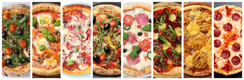 Image of Collage of different delicious pizzas, top view. Banner design