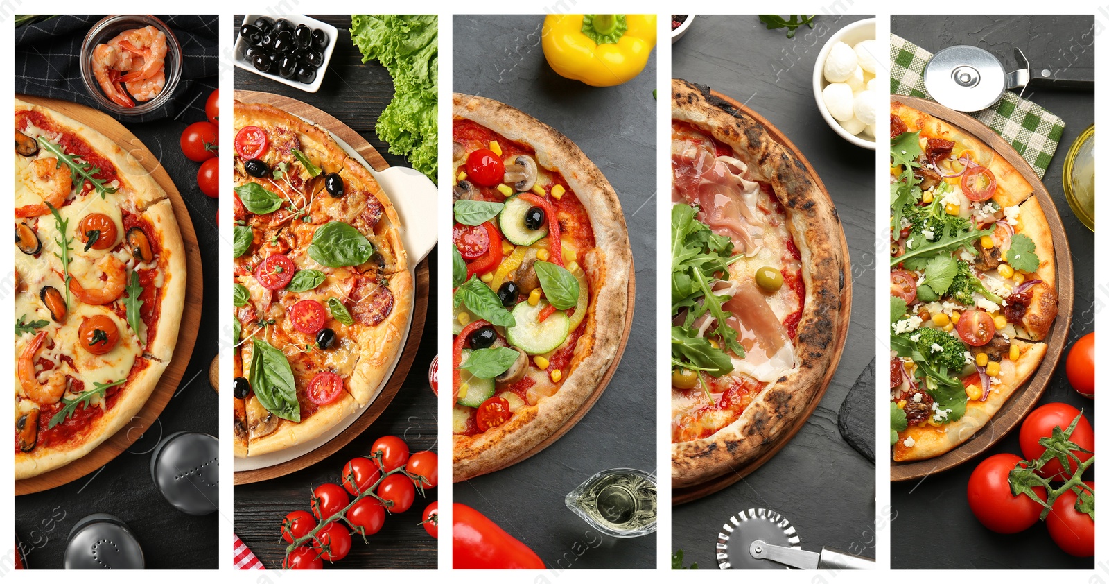 Collage of different delicious pizzas, top view. Banner design Image of Collage of different delicious pizzas, top view. Banner design