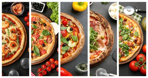 Image of Collage of different delicious pizzas, top view. Banner design