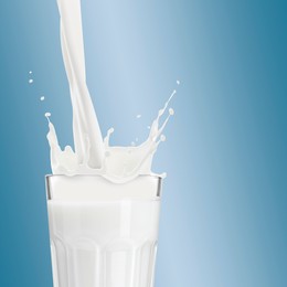 Image of Pouring fresh milk into glass against light blue background. Liquid splashing out of glass