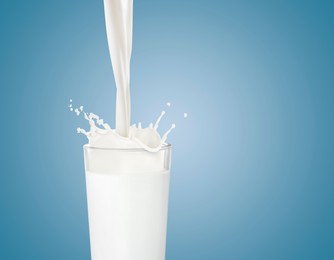 Image of Pouring fresh milk into glass against light blue background. Liquid splashing out of glass