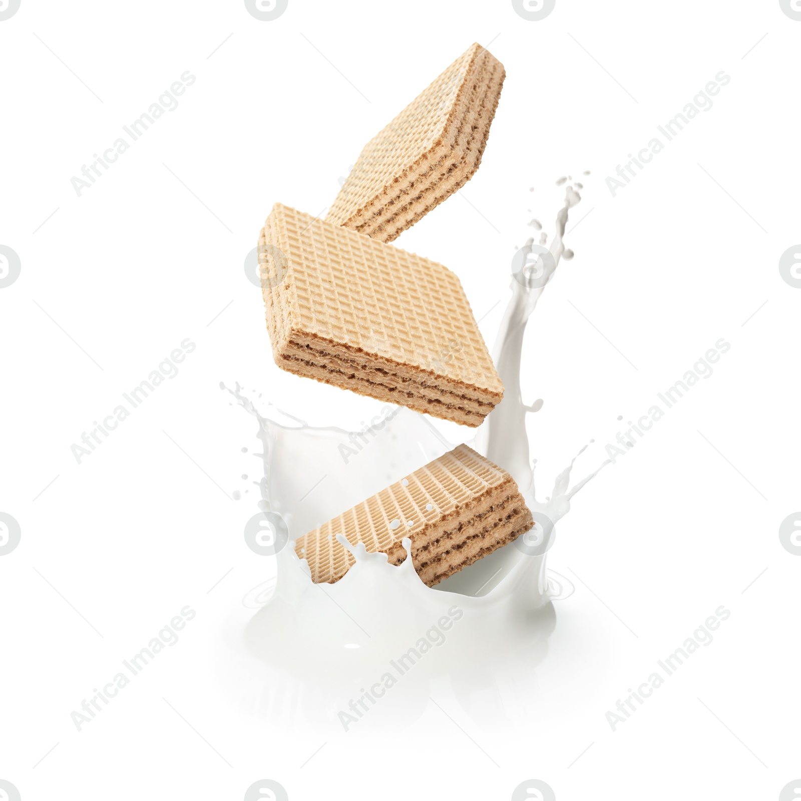 Tasty crispy wafers falling into splashing milk against white background Image of Tasty crispy wafers falling into splashing milk against white background