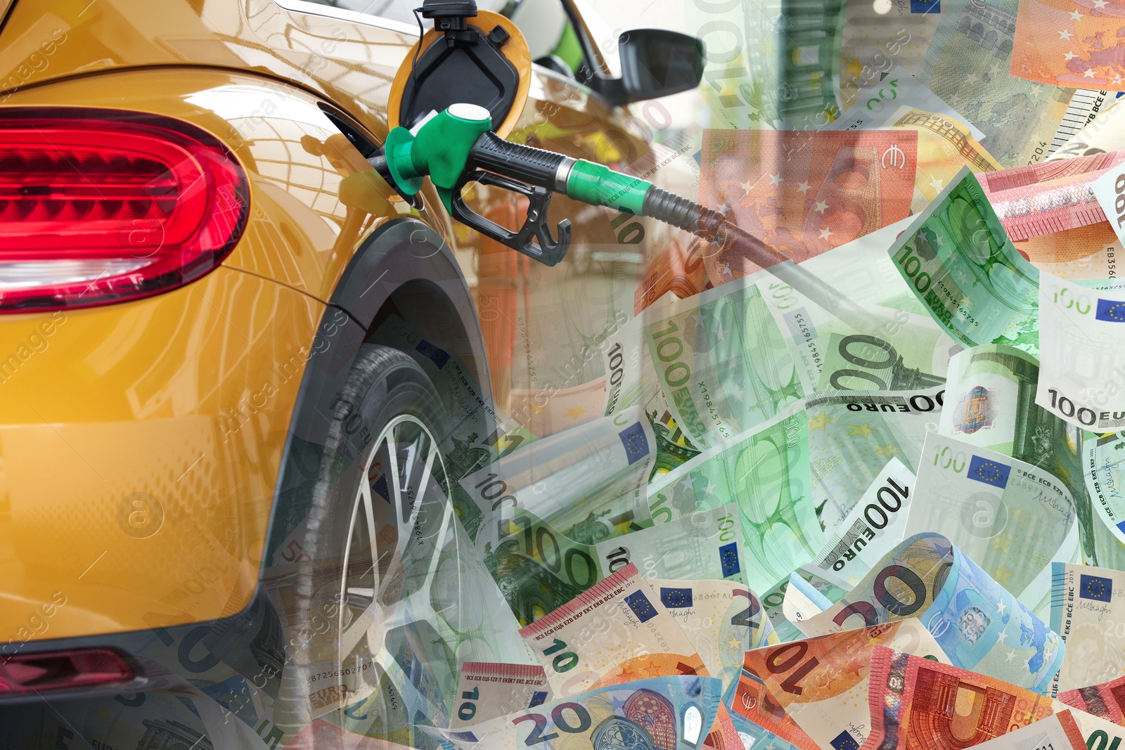 Fuel price. Refueling car at gas filling station and euro banknotes, double exposure Image of Fuel price. Refueling car at gas filling station and euro banknotes, double exposure