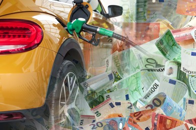 Image of Fuel price. Refueling car at gas filling station and euro banknotes, double exposure