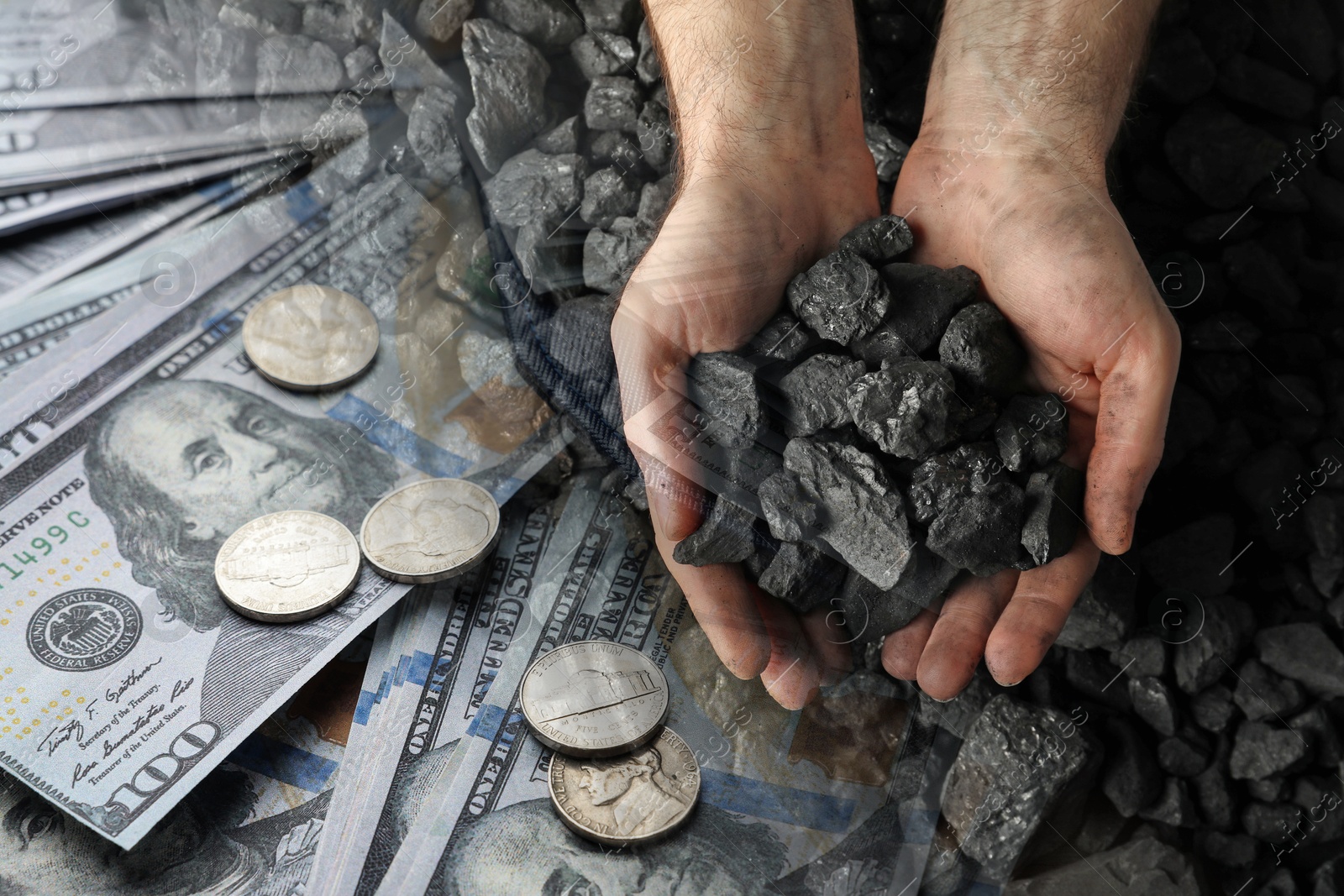 Fuel price. Man holding coal, double exposure with money Image of Fuel price. Man holding coal, double exposure with money