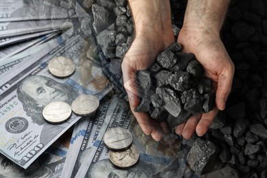 Image of Fuel price. Man holding coal, double exposure with money