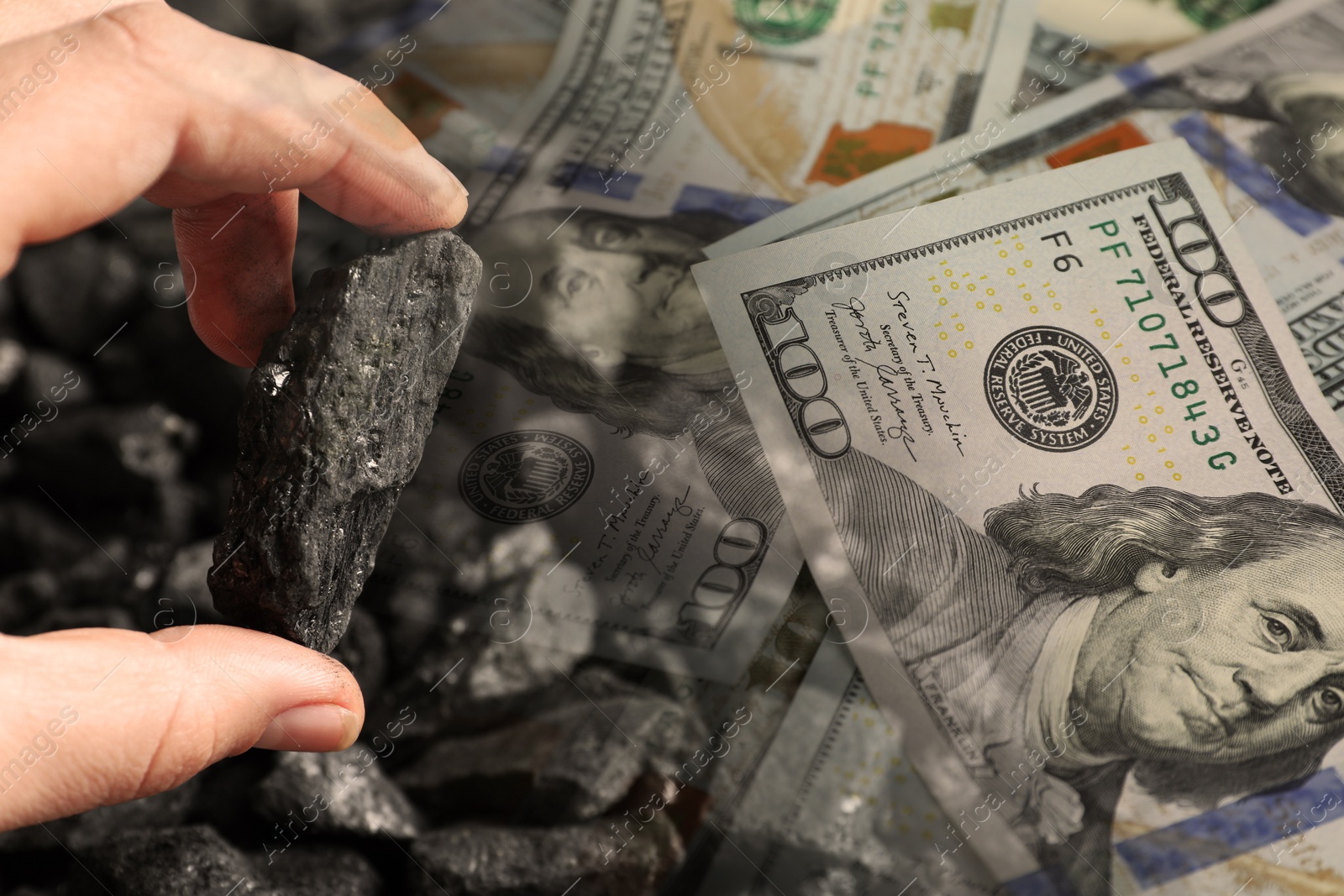 Fuel price. Man holding coal, double exposure with dollar banknotes Image of Fuel price. Man holding coal, double exposure with dollar banknotes