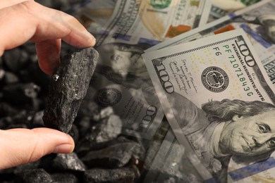 Image of Fuel price. Man holding coal, double exposure with dollar banknotes