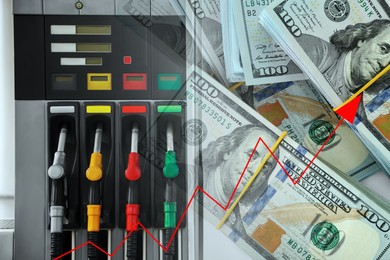 Image of Fuel price increase. Gas filling station and dollar banknotes, double exposure