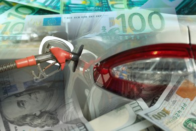 Image of Fuel price. Refueling car at gas filling station and banknotes, double exposure