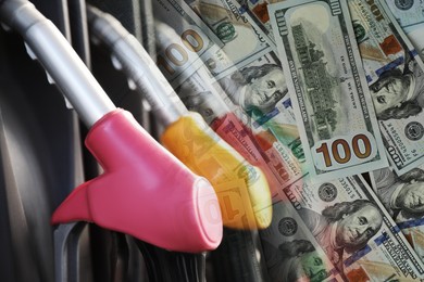 Image of Fuel price. Gas filling station and dollar banknotes, double exposure