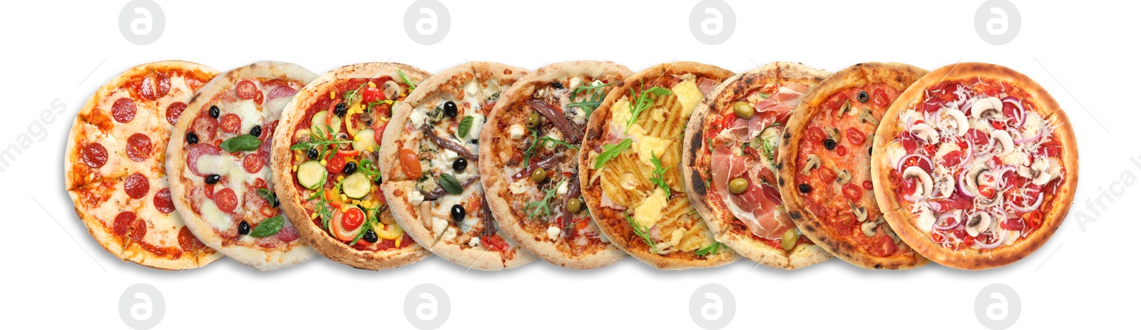 Different delicious pizzas on white background, top view. Banner design Image of Different delicious pizzas on white background, top view. Banner design