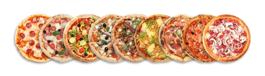 Image of Different delicious pizzas on white background, top view. Banner design