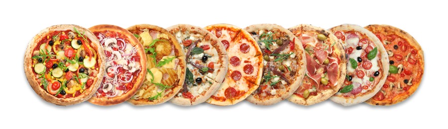 Image of Different delicious pizzas on white background, top view. Banner design