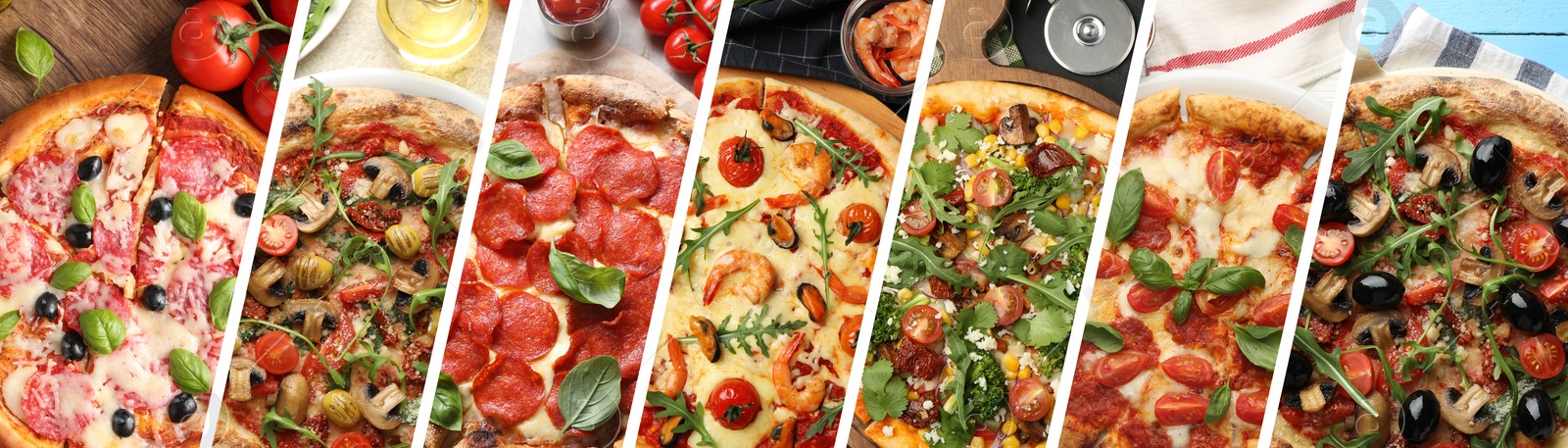 Collage of different delicious pizzas, top view. Banner design Image of Collage of different delicious pizzas, top view. Banner design