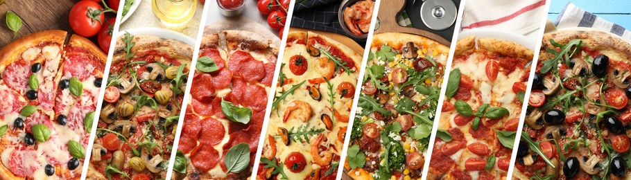 Image of Collage of different delicious pizzas, top view. Banner design