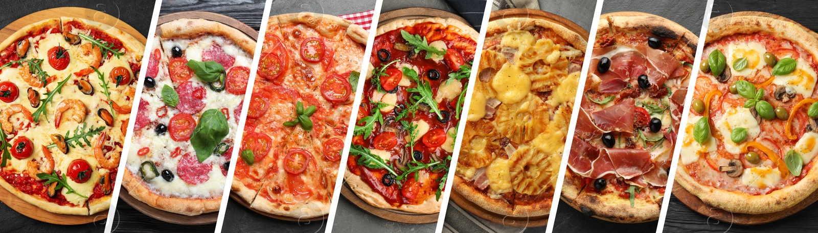 Collage of different delicious pizzas, top view. Banner design Image of Collage of different delicious pizzas, top view. Banner design