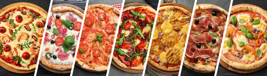 Image of Collage of different delicious pizzas, top view. Banner design