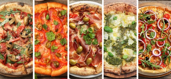 Image of Collage of different delicious pizzas, top view. Banner design