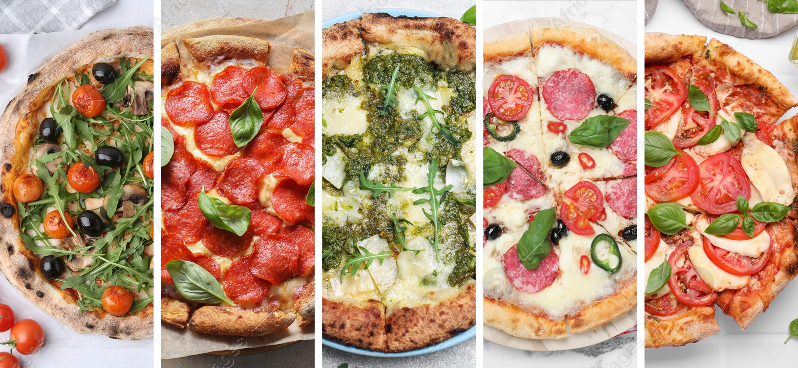 Collage of different delicious pizzas, top view. Banner design Image of Collage of different delicious pizzas, top view. Banner design