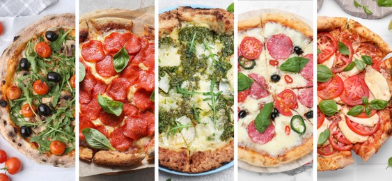 Image of Collage of different delicious pizzas, top view. Banner design