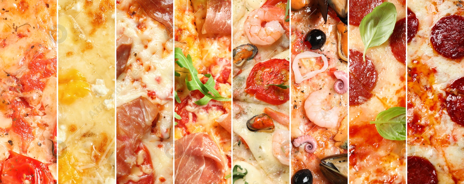 Collage of different delicious pizzas, top view. Banner design Image of Collage of different delicious pizzas, top view. Banner design