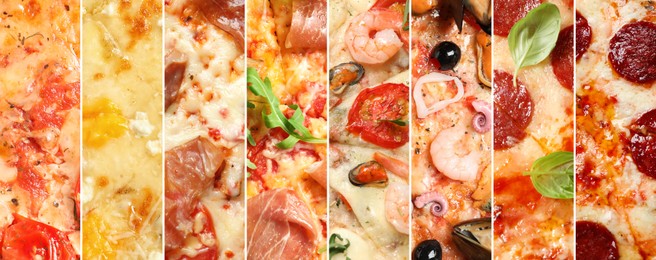 Image of Collage of different delicious pizzas, top view. Banner design