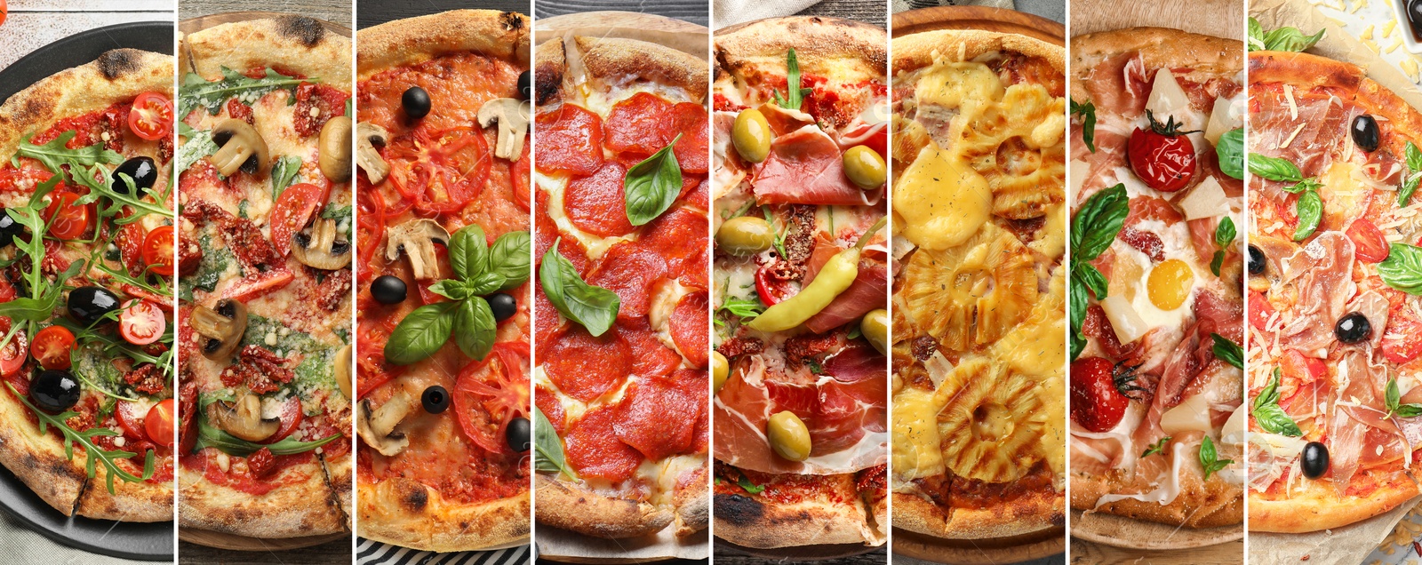 Collage of different delicious pizzas, top view. Banner design Image of Collage of different delicious pizzas, top view. Banner design