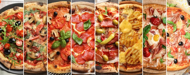 Image of Collage of different delicious pizzas, top view. Banner design