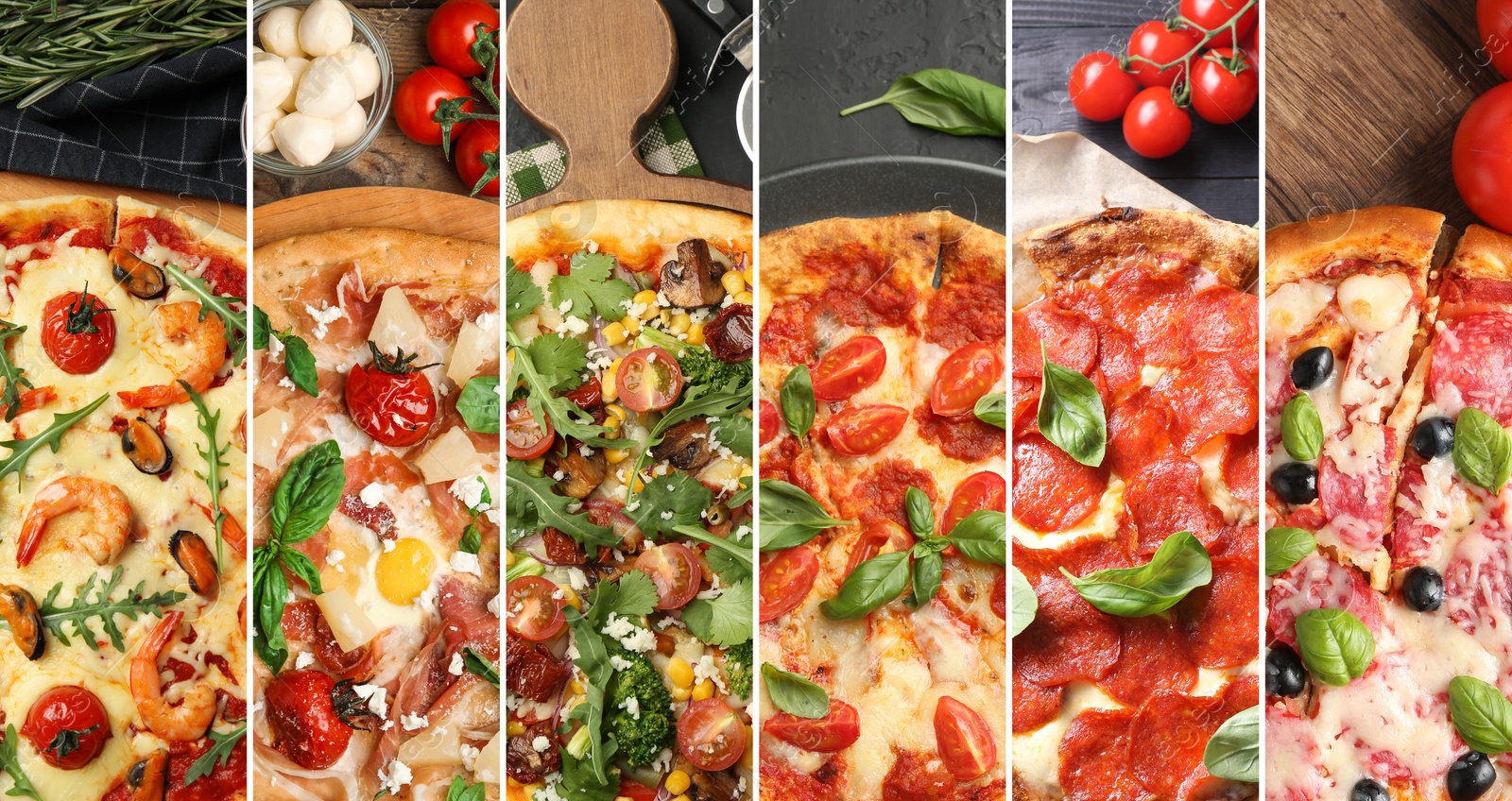 Collage of different delicious pizzas, top view. Banner design Image of Collage of different delicious pizzas, top view. Banner design