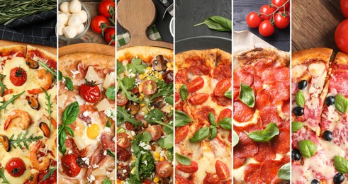 Image of Collage of different delicious pizzas, top view. Banner design