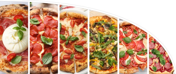 Image of Collage of different delicious pizzas on white background, top view. Banner design