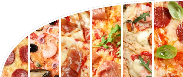 Image of Collage of different delicious pizzas on white background, top view. Banner design