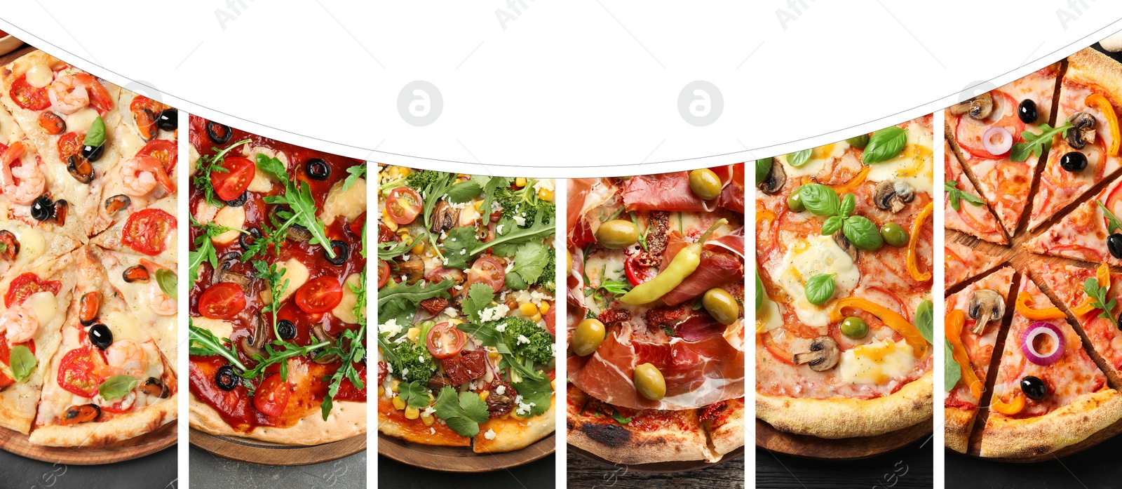 Image of Collage of different delicious pizzas on white background, top view. Banner design