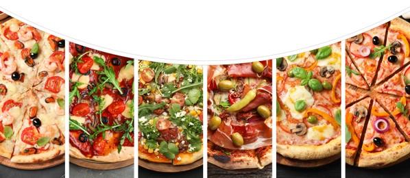 Image of Collage of different delicious pizzas on white background, top view. Banner design