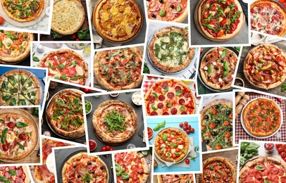 Image of Collage of different delicious pizzas, top view. Banner design