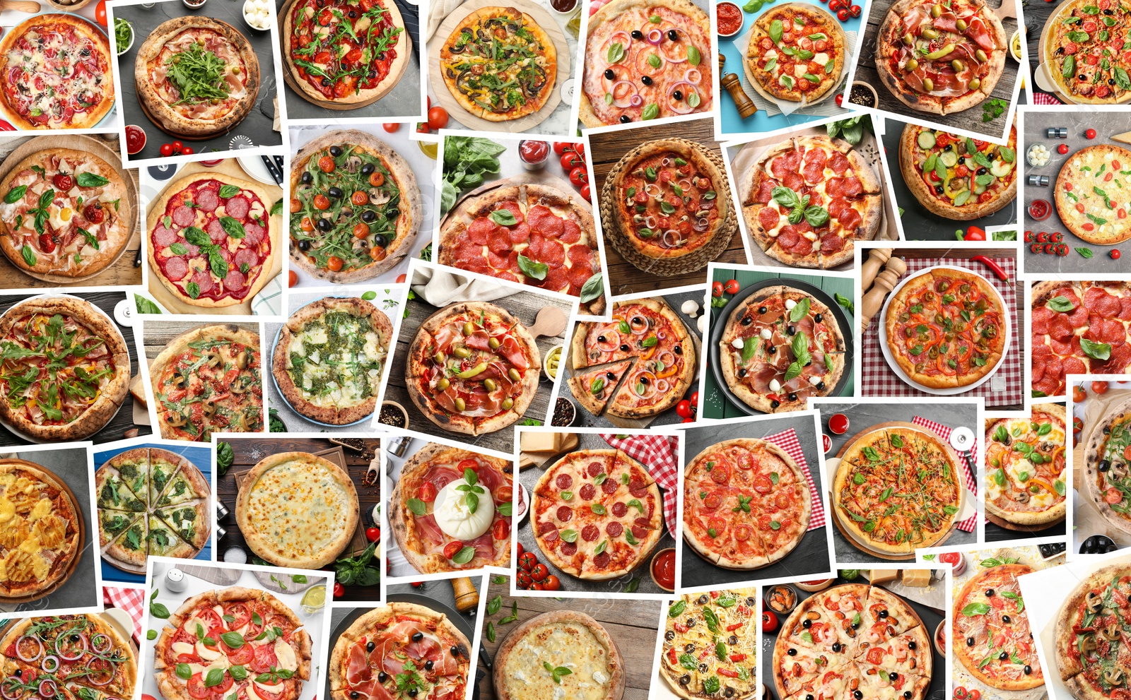 Collage of different delicious pizzas, top view. Banner design Image of Collage of different delicious pizzas, top view. Banner design