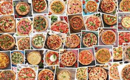 Image of Collage of different delicious pizzas, top view. Banner design