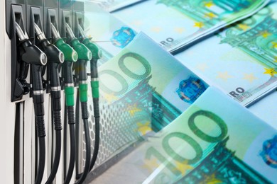 Image of Fuel price. Gas filling station and euro banknotes, double exposure