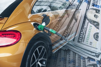 Image of Fuel price. Refueling car at gas filling station and dollar banknotes, double exposure