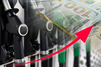 Image of Fuel price increase. Gas filling station and dollar banknotes, double exposure
